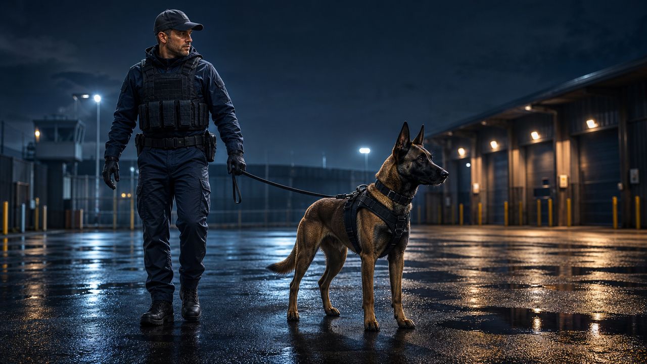 Een handler met zijn Mechelse Herder op het keuringsterrein bij nacht